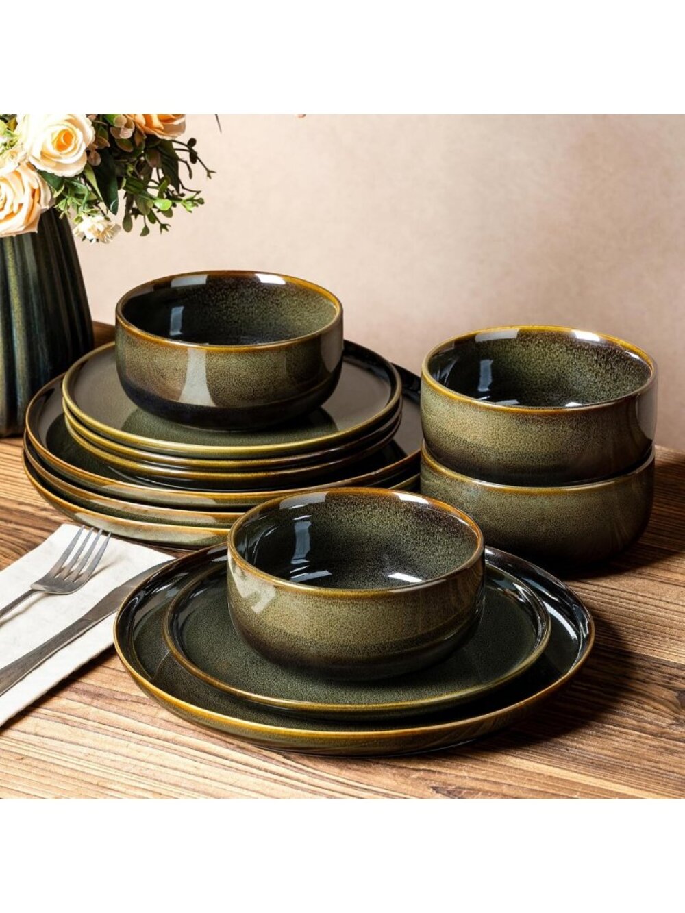 Stylish 12-Piece Ceramic Dinnerware Set for 4 - Plates & Bowls, Perfect for